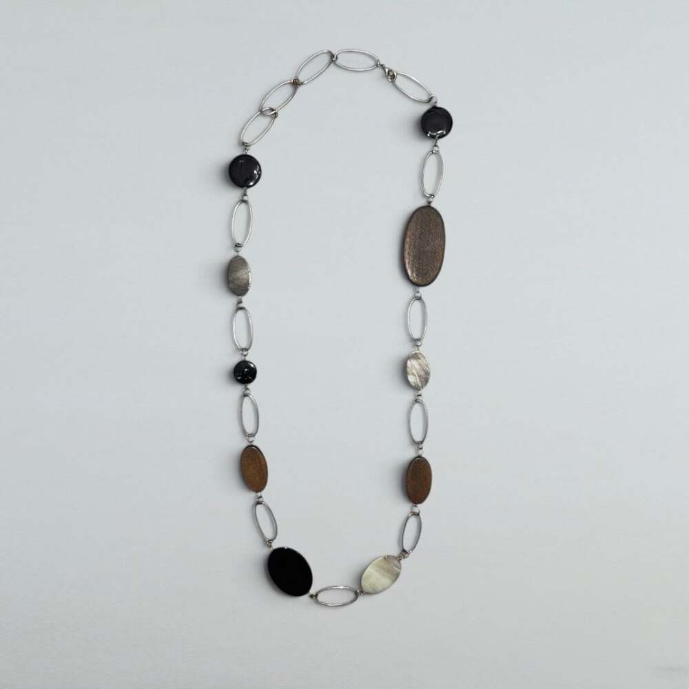 Long Oval Link Statement Necklace Mixed Black Brown Silver Tone 30 Inch